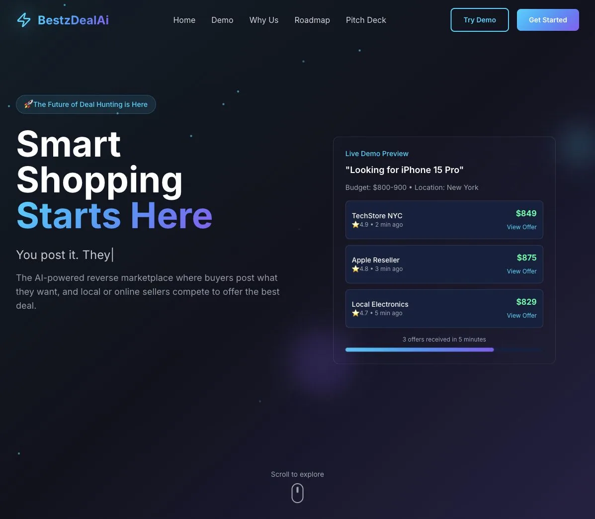 Project 18 BestzDealAi homepage and demo flow