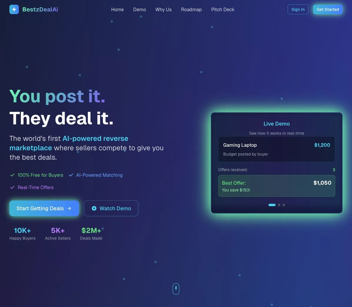 Project 19 BestzDealAi alternate homepage and live demo flow