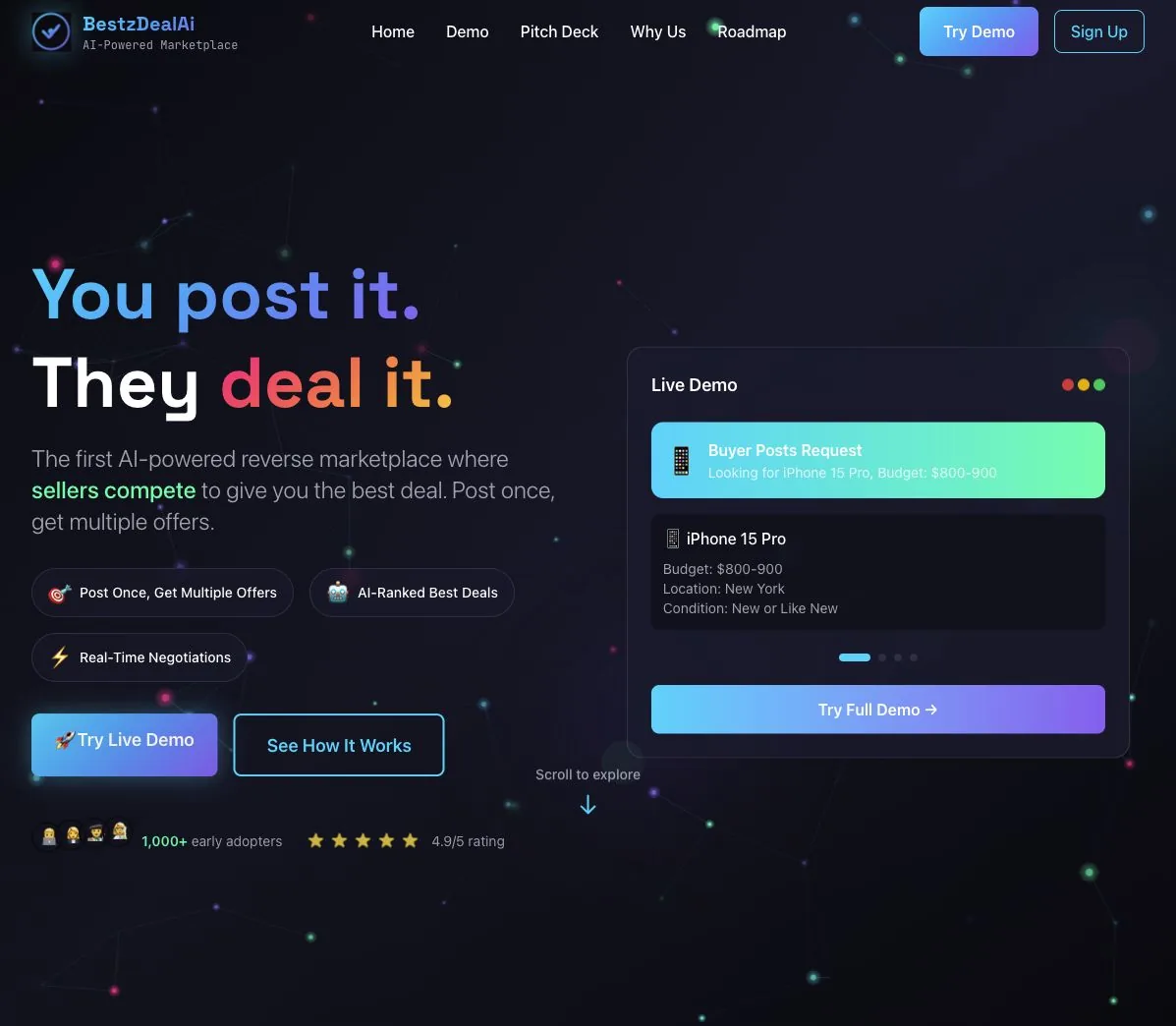 Project 20 BestzDealAi comparison homepage and live request demo