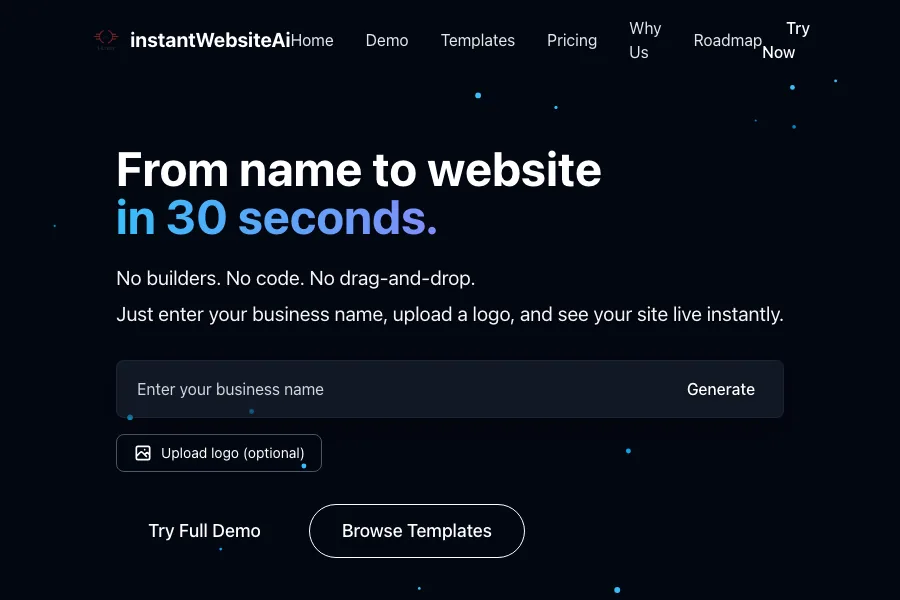 Project 32 Instant Website AI homepage and demo flow