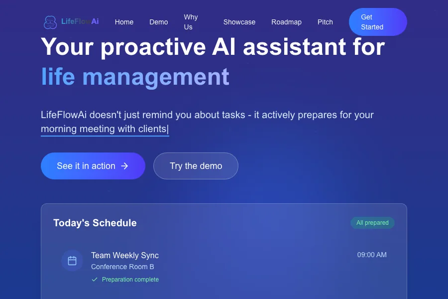 Project 40 LifeFlow AI homepage and demo flow