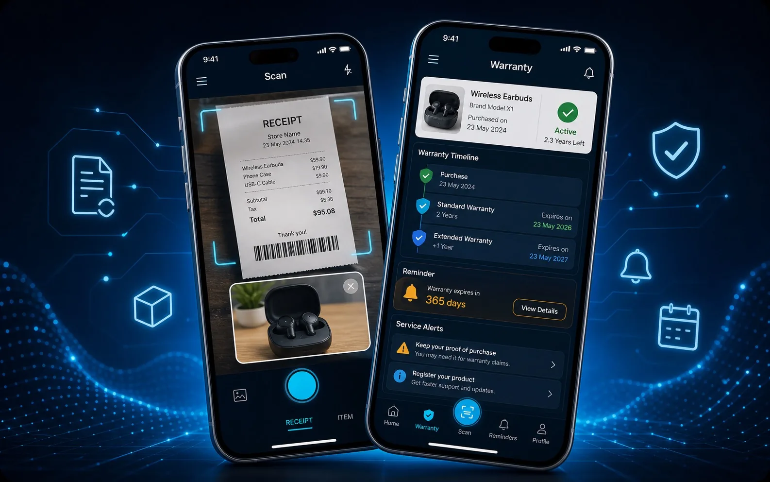 WarrantyScan native mobile app project screens