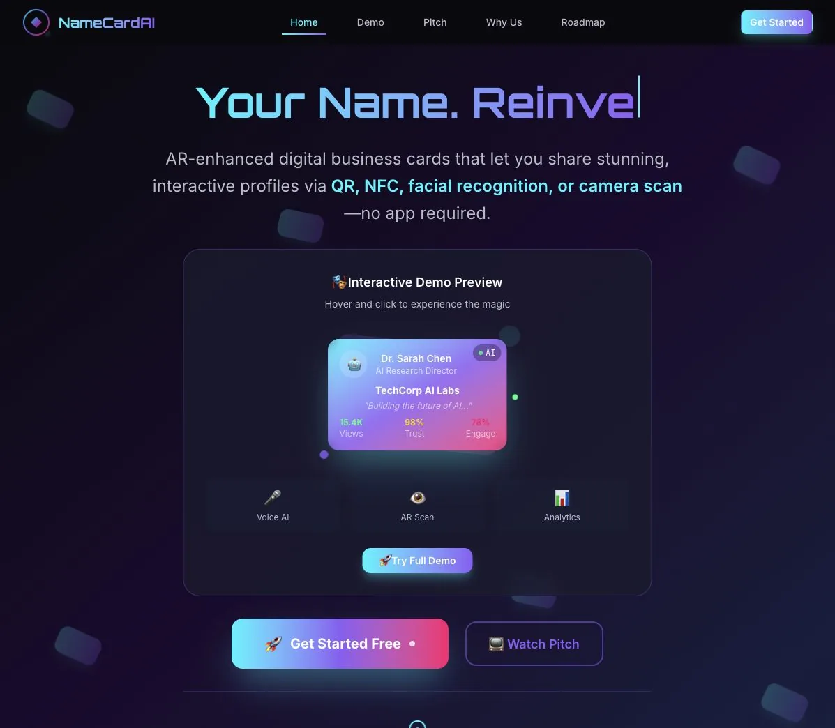 Project 16 NameCardAi homepage and demo flow