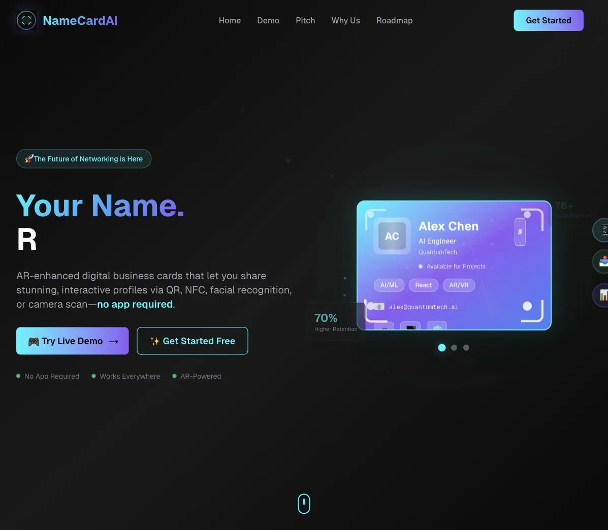 Project 17 NameCardAi alternate homepage and interactive AR demo