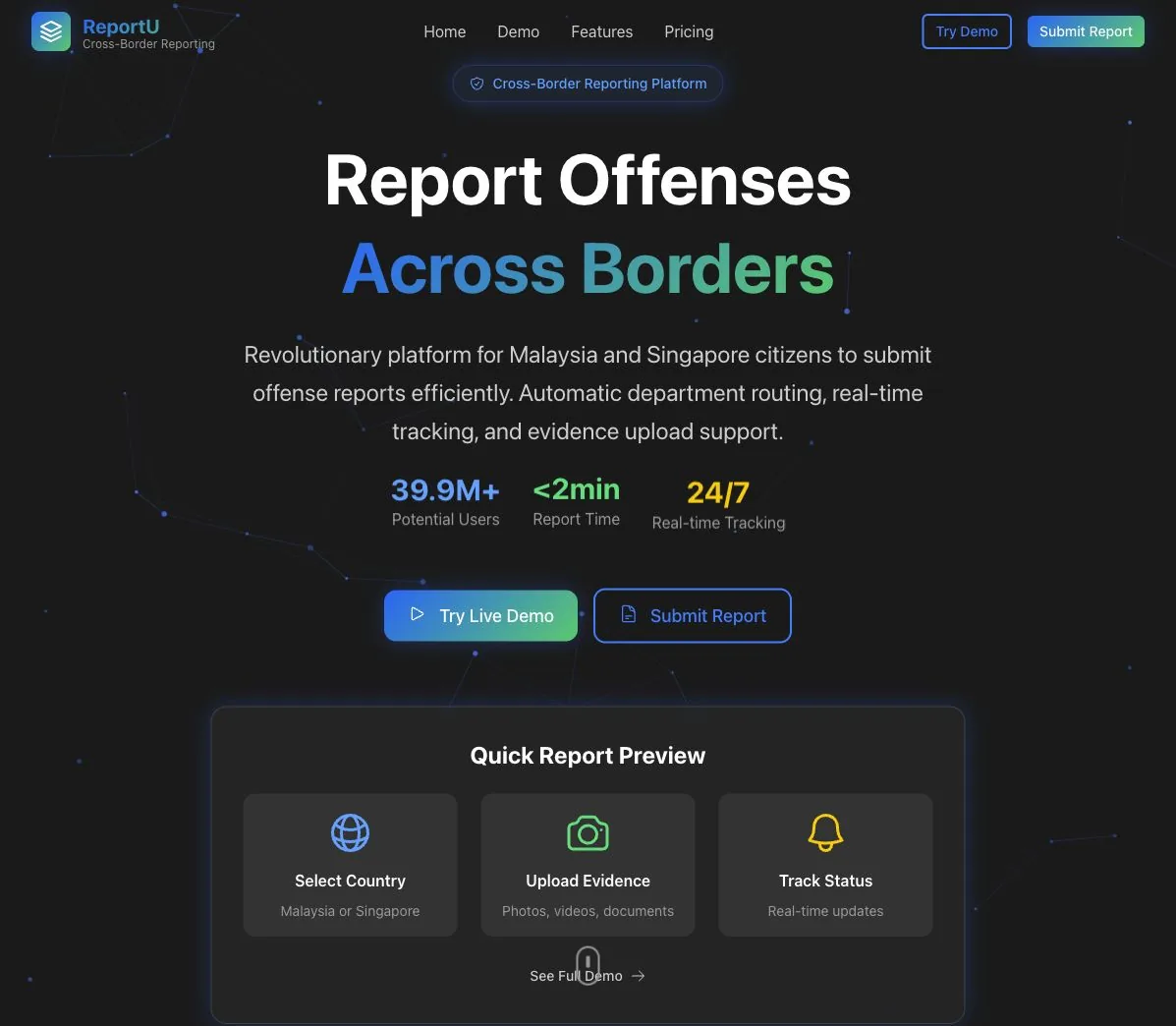 Project 14 ReportU civic reporting homepage and demo flow