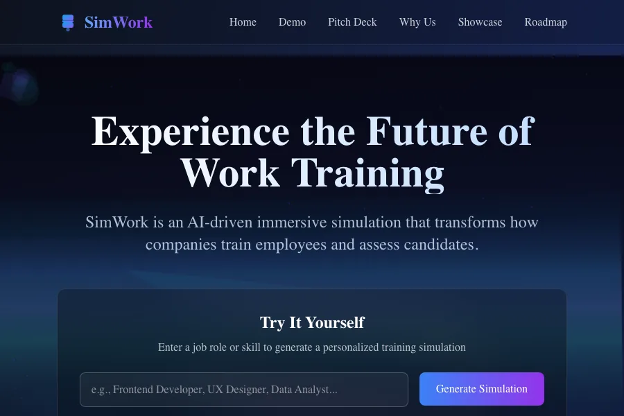 Project 29 WorkPath Simulation Studio homepage and demo scene