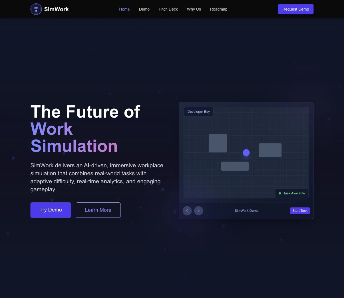 Project 12 OpsPilot Work Simulation homepage and demo scene