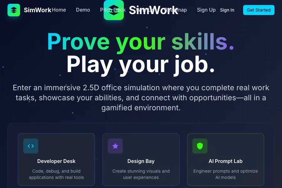 Project 28 CareerCraft Scenario Lab homepage and demo scene