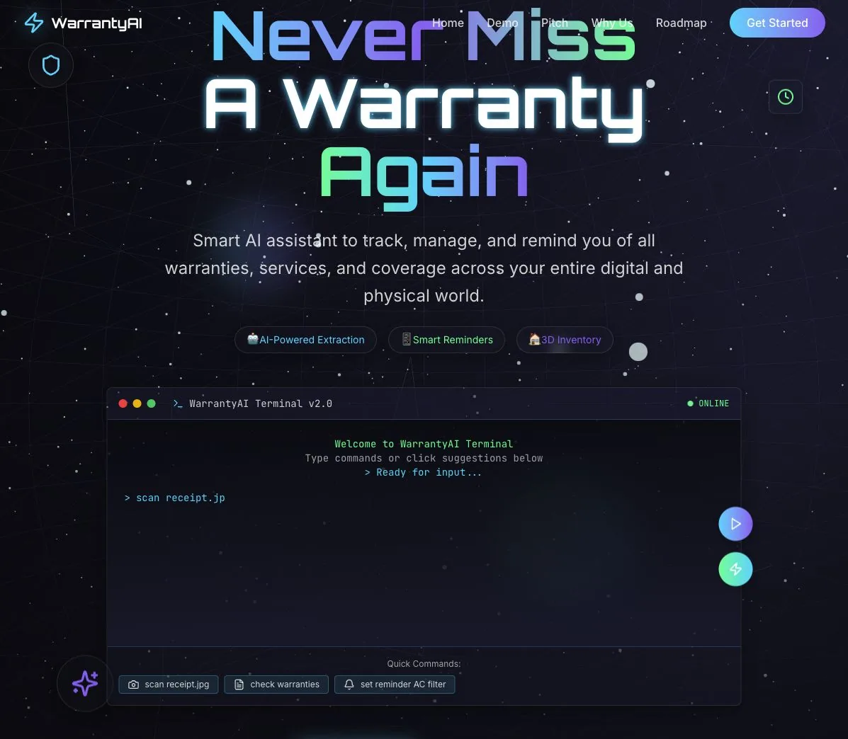 Project 23 WarrantyAi homepage and interactive demo