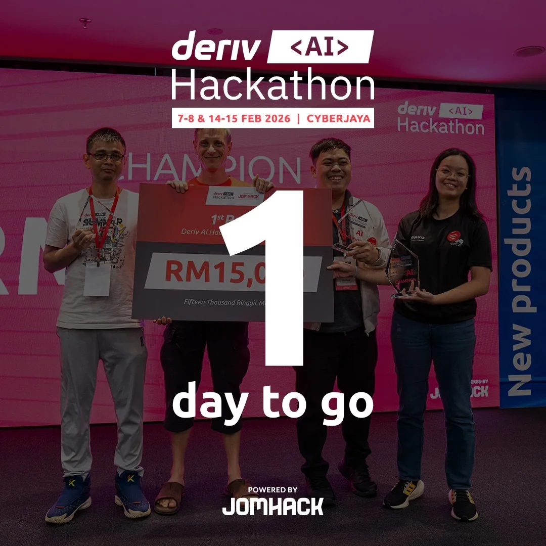 Deriv AI Hackathon countdown winner-stage visual