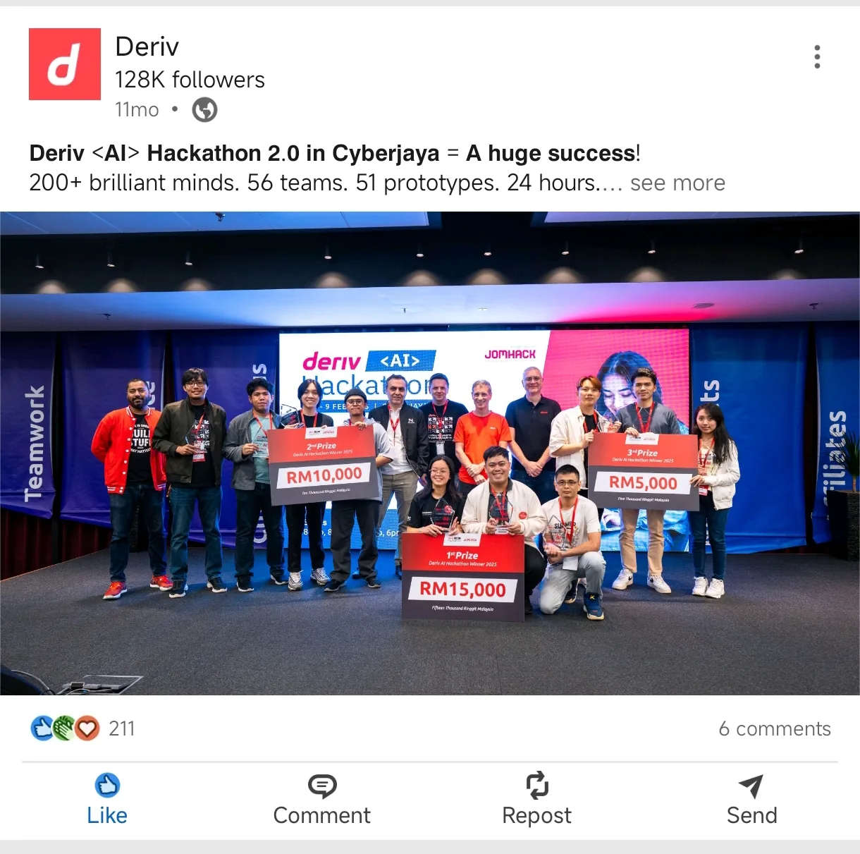 Deriv AI Hackathon public post showing Hunter team achievement