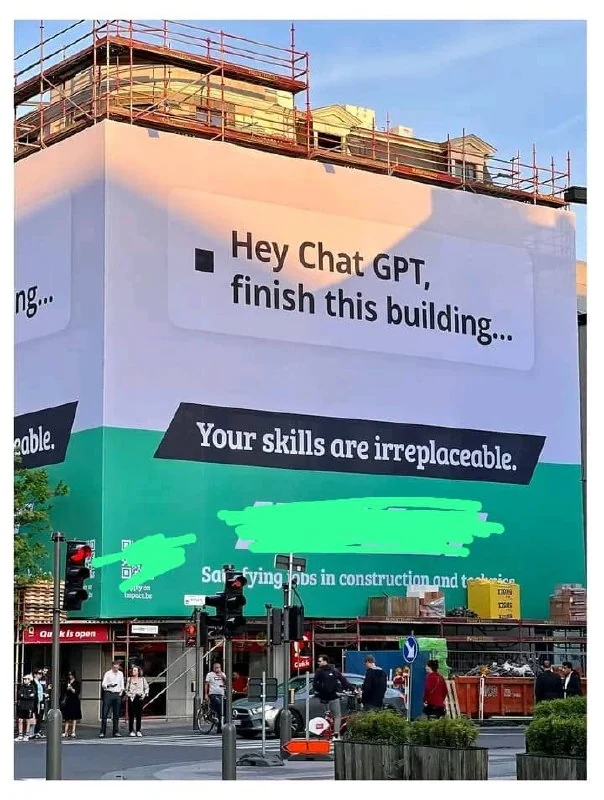 Street-side billboard with a ChatGPT-themed construction message
