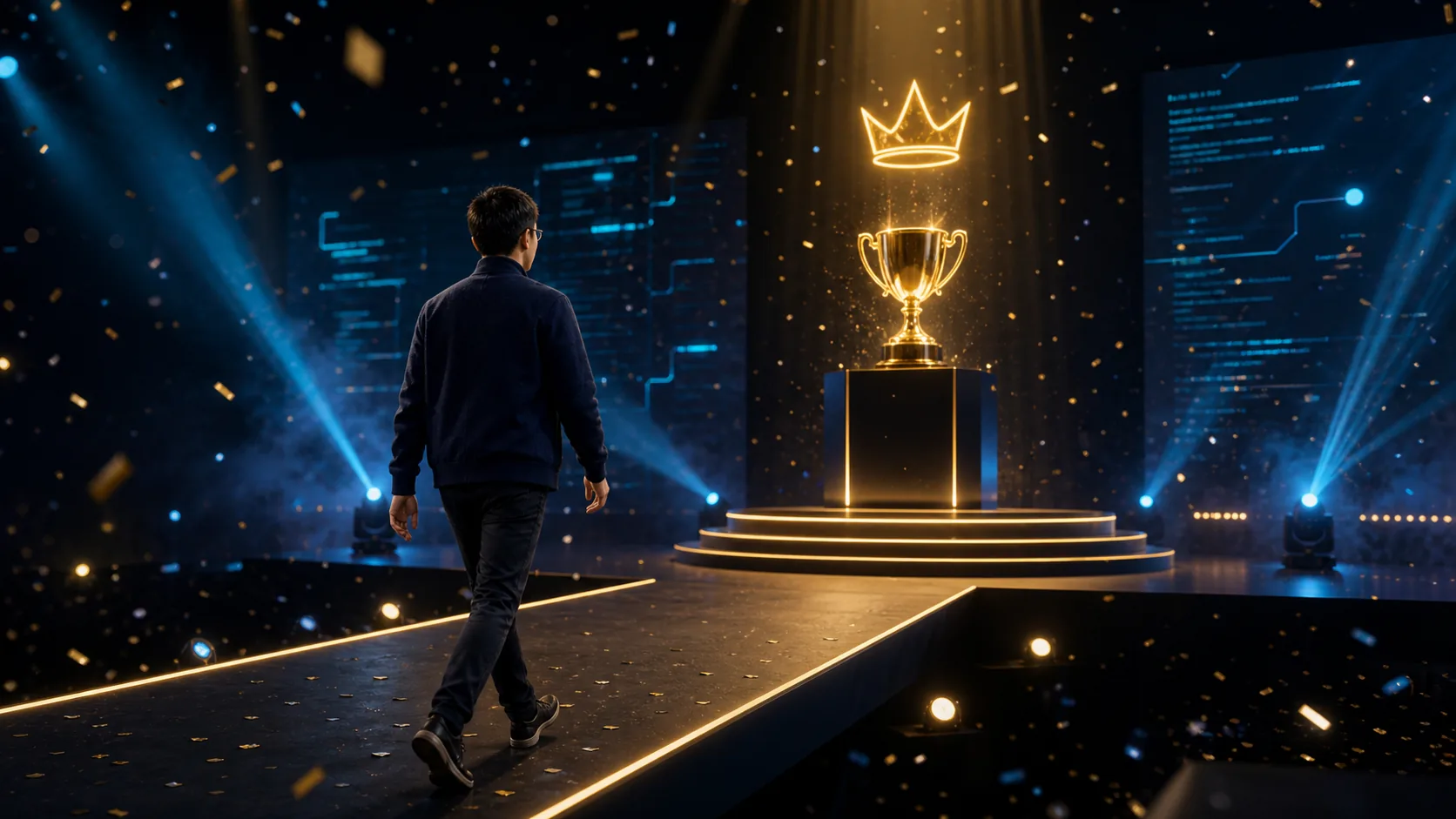 Champion stage event visual for Hunter Ho hackathon achievement